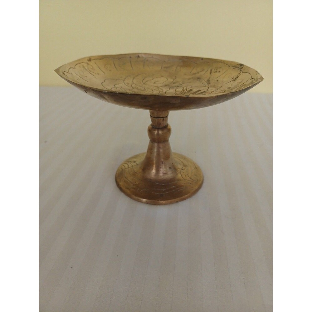 Vintage Asian dragon brass pedestal bowl etched pitting wonderful patina estate